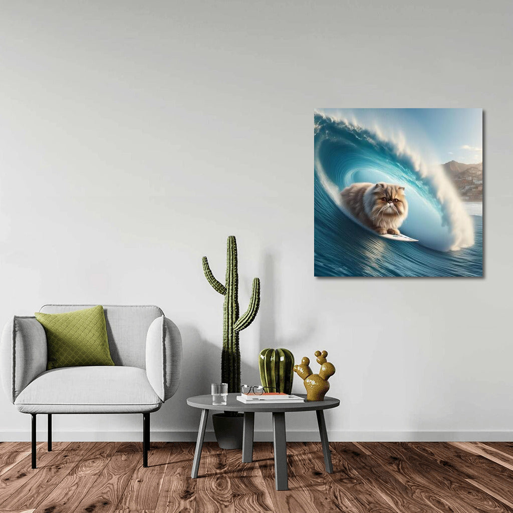 Persian Cat Surfer on a Giant Wave: Dynamics and Charm