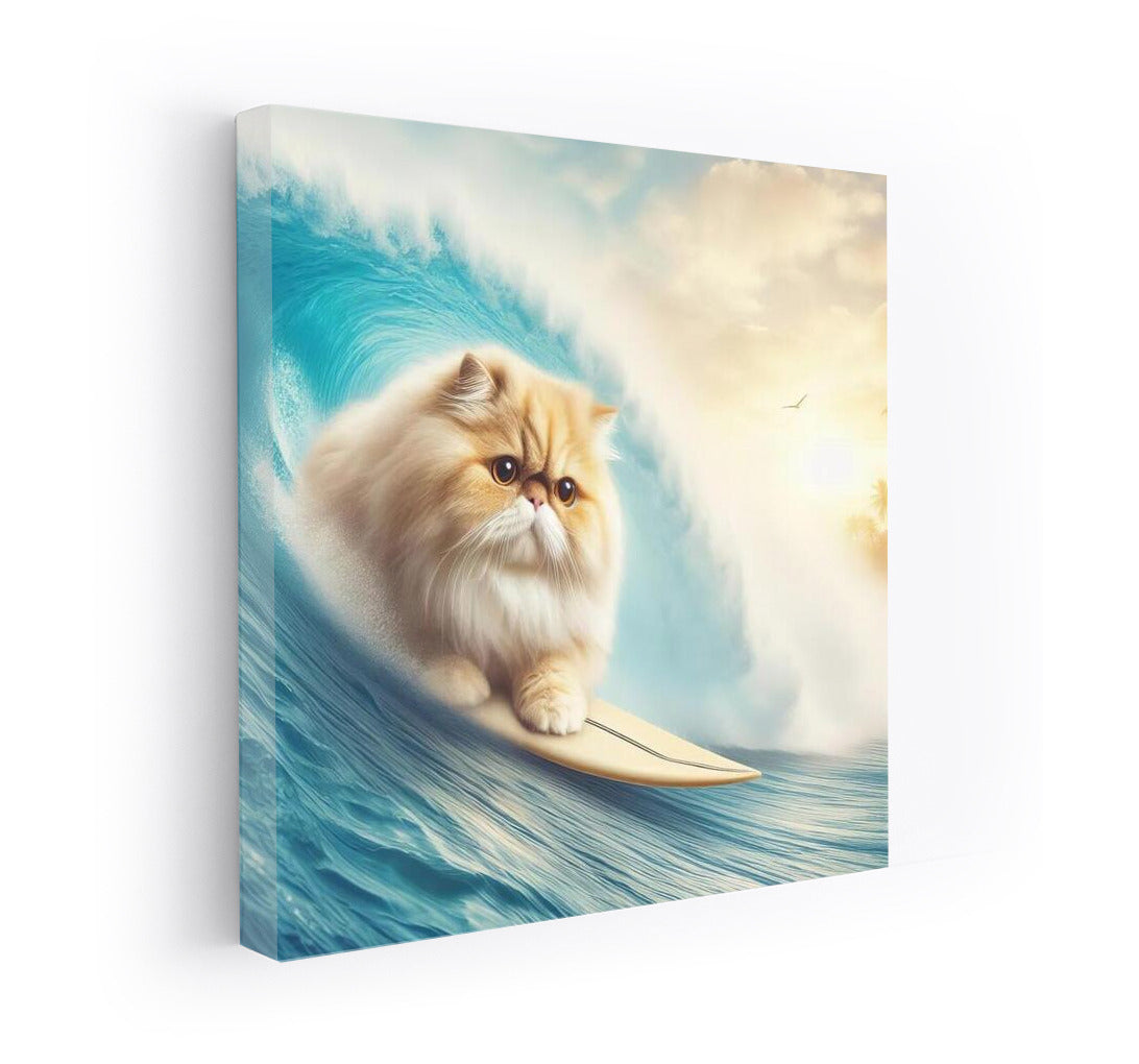 Persian Cat Surfer on a Giant Wave: Fantasy Adventure