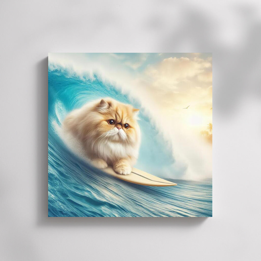 Persian Cat Surfer on a Giant Wave: Fantasy Adventure