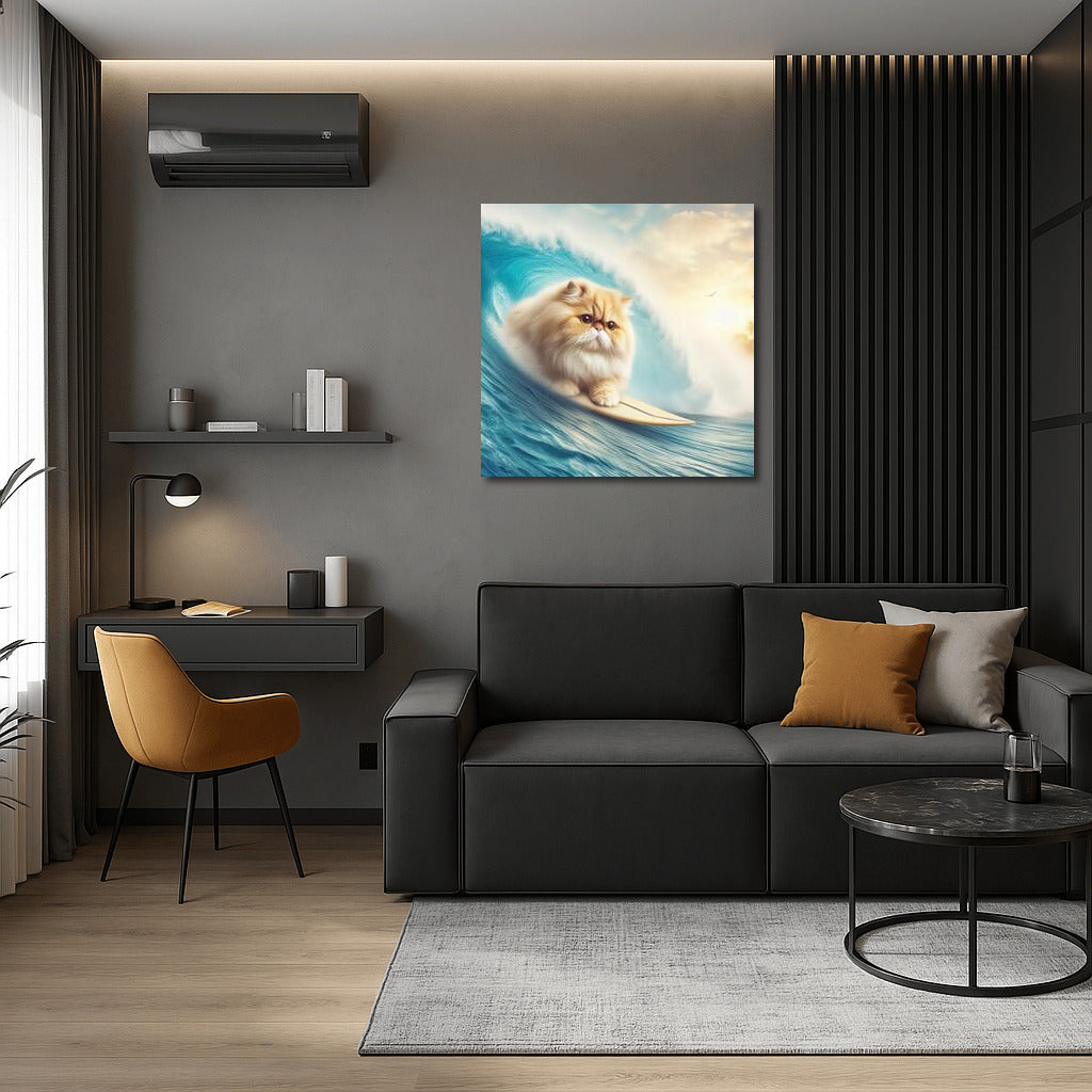 Persian Cat Surfer on a Giant Wave: Fantasy Adventure