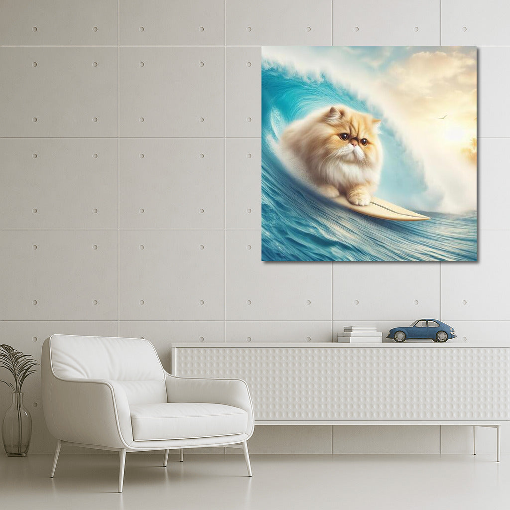 Persian Cat Surfer on a Giant Wave: Fantasy Adventure