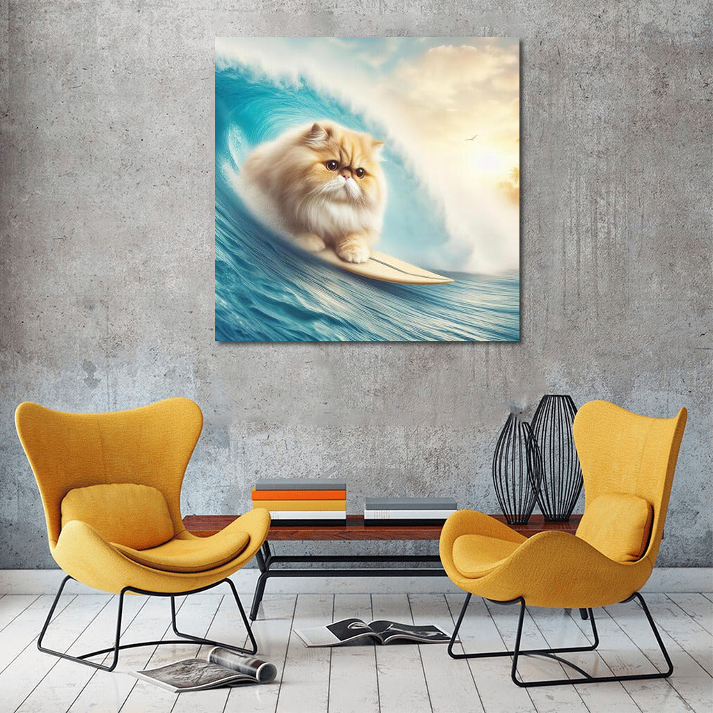 Persian Cat Surfer on a Giant Wave: Fantasy Adventure