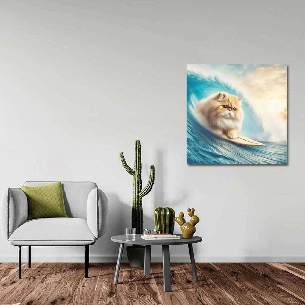 Persian Cat Surfer on a Giant Wave: Fantasy Adventure