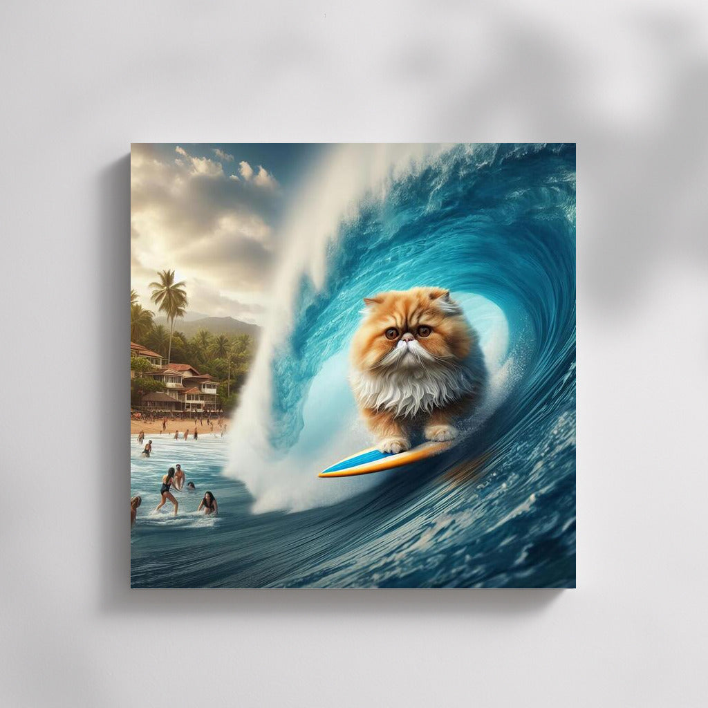 Persian Surfer Cat on a Giant Wave