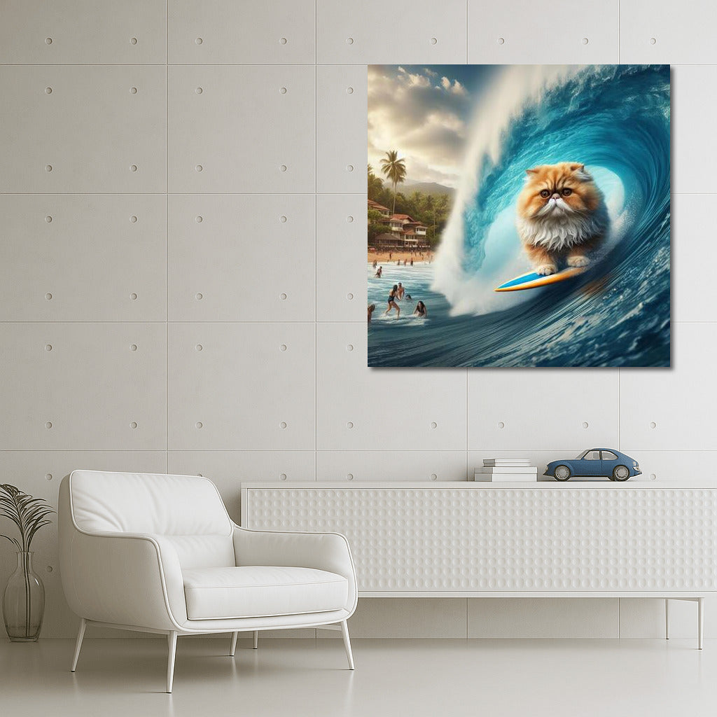 Persian Surfer Cat on a Giant Wave
