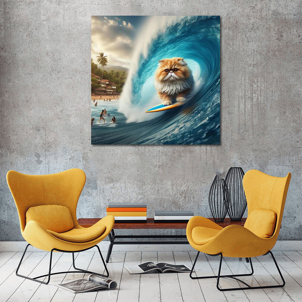 Persian Surfer Cat on a Giant Wave