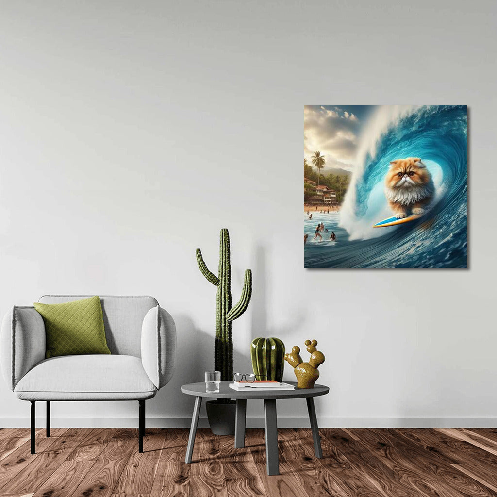 Persian Surfer Cat on a Giant Wave