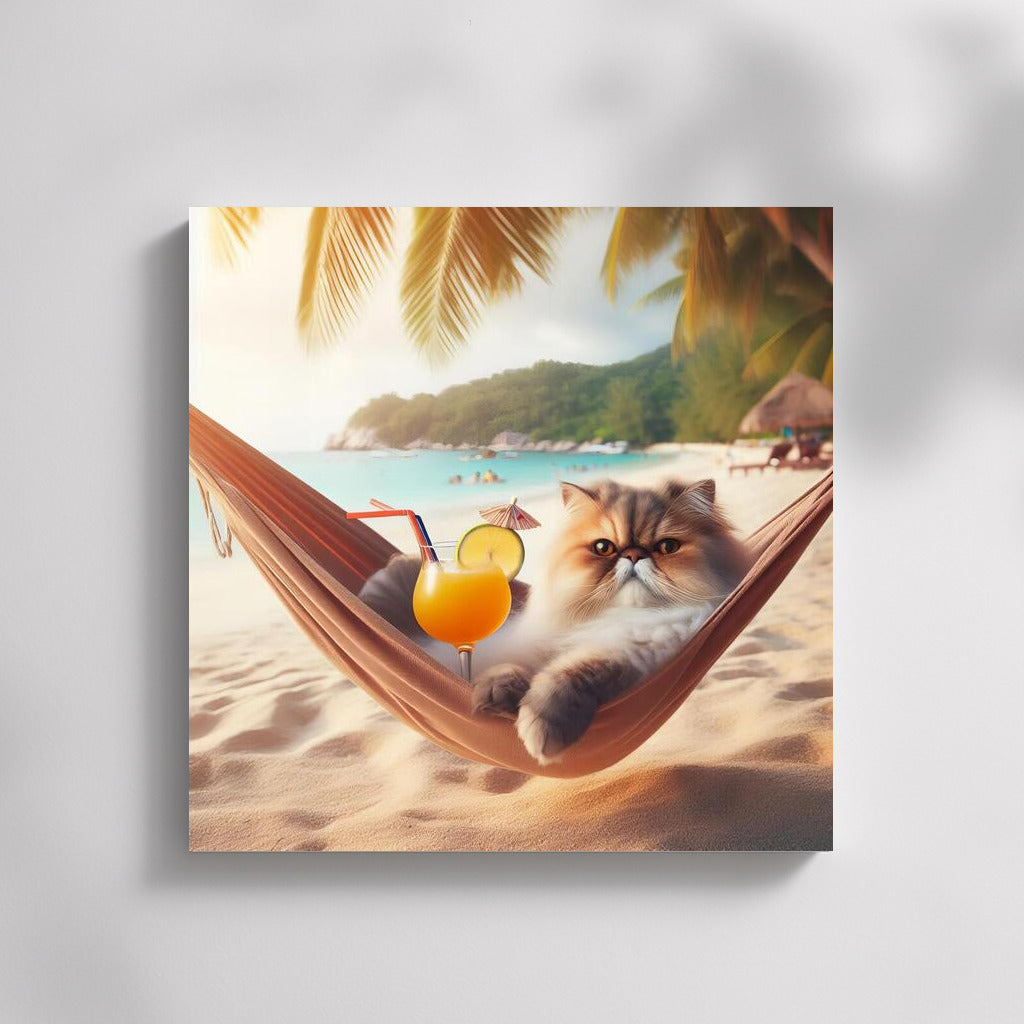 Persian Cat in a Hammock: Beach Vacation with a Cocktail