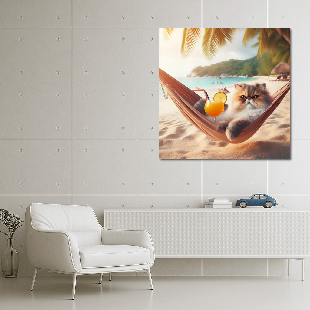 Persian Cat in a Hammock: Beach Vacation with a Cocktail