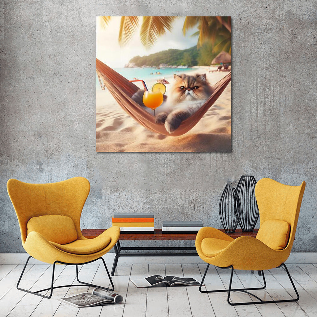 Persian Cat in a Hammock: Beach Vacation with a Cocktail