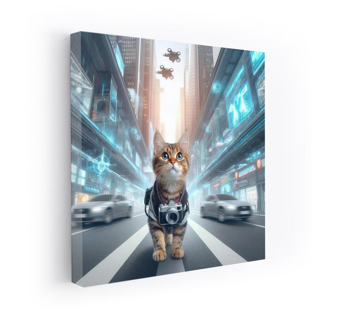 Neon Cat Photographer in the City of the Future: Drones and Speed