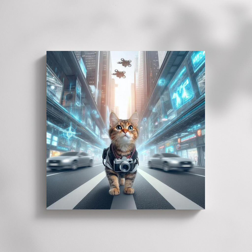 Neon Cat Photographer in the City of the Future: Drones and Speed