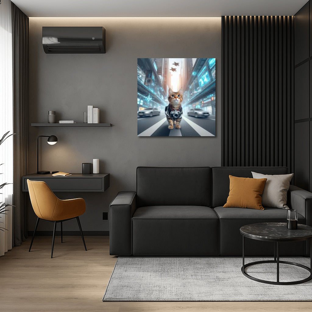 Neon Cat Photographer in the City of the Future: Drones and Speed