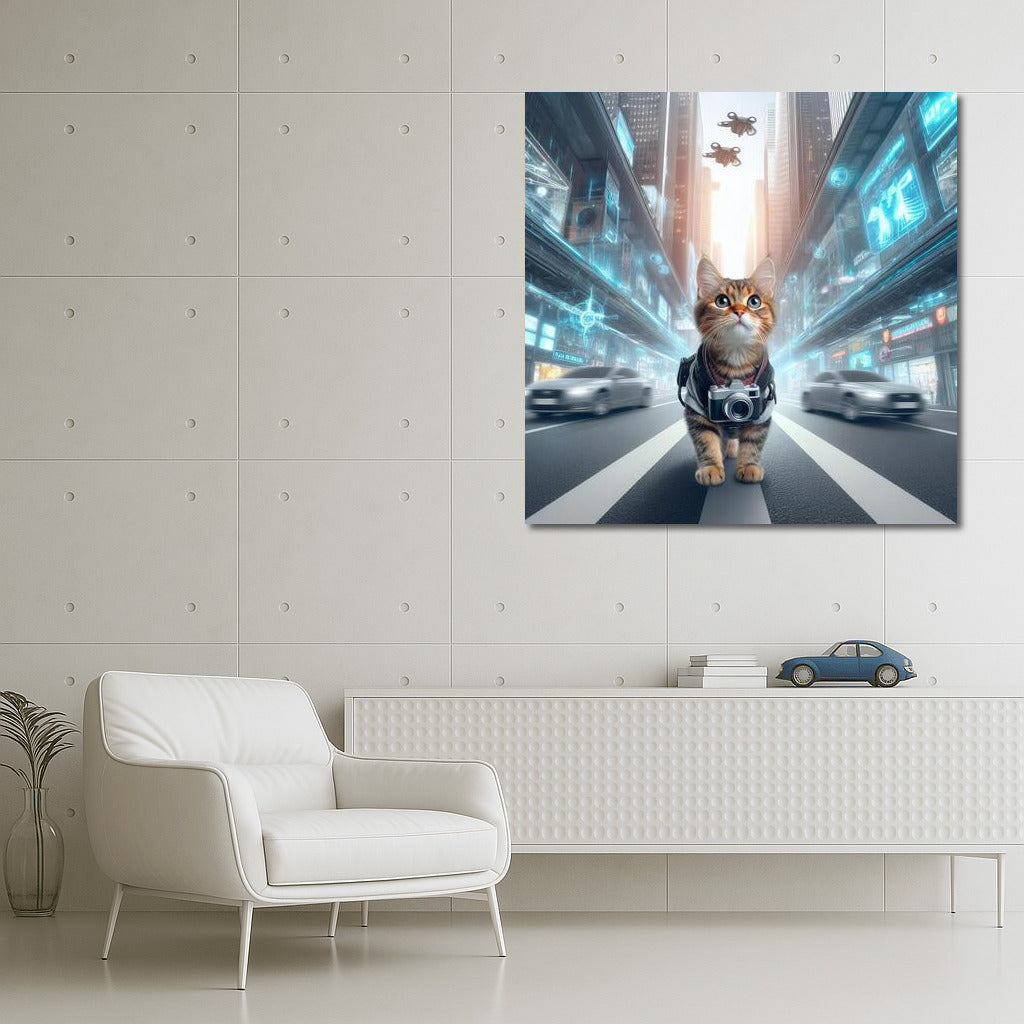 Neon Cat Photographer in the City of the Future: Drones and Speed