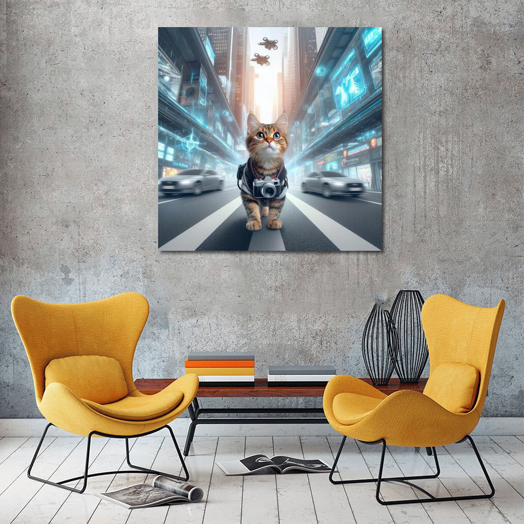Neon Cat Photographer in the City of the Future: Drones and Speed