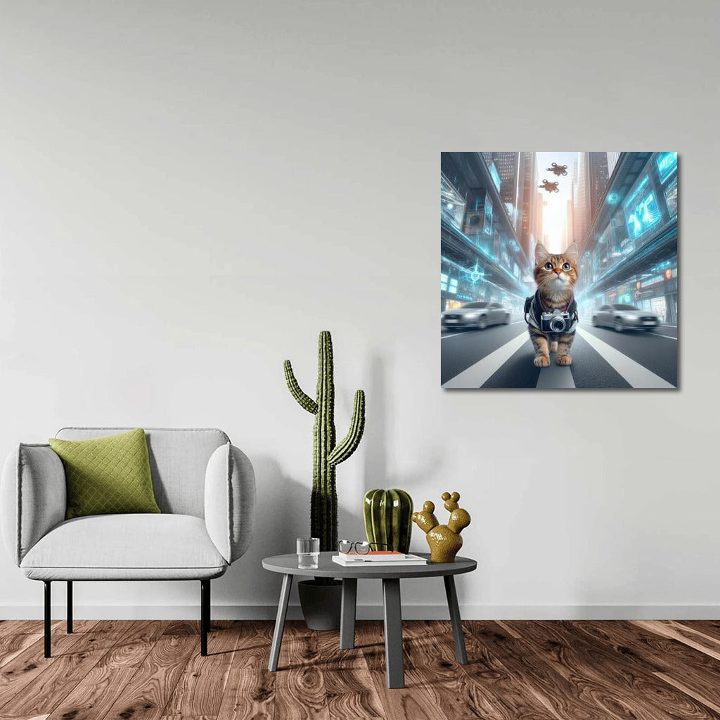 Neon Cat Photographer in the City of the Future: Drones and Speed