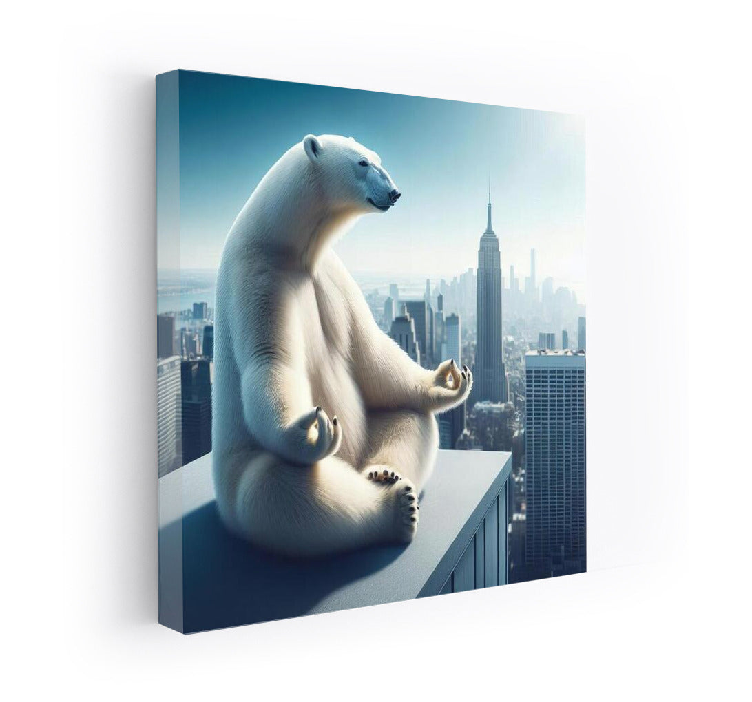 Polar Bear Doing Yoga on Skyscraper Rooftop: Calm and Inspiration