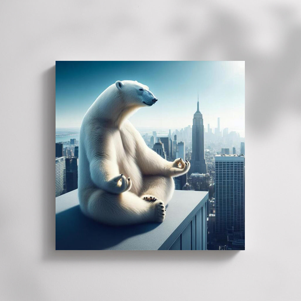 Polar Bear Doing Yoga on Skyscraper Rooftop: Calm and Inspiration
