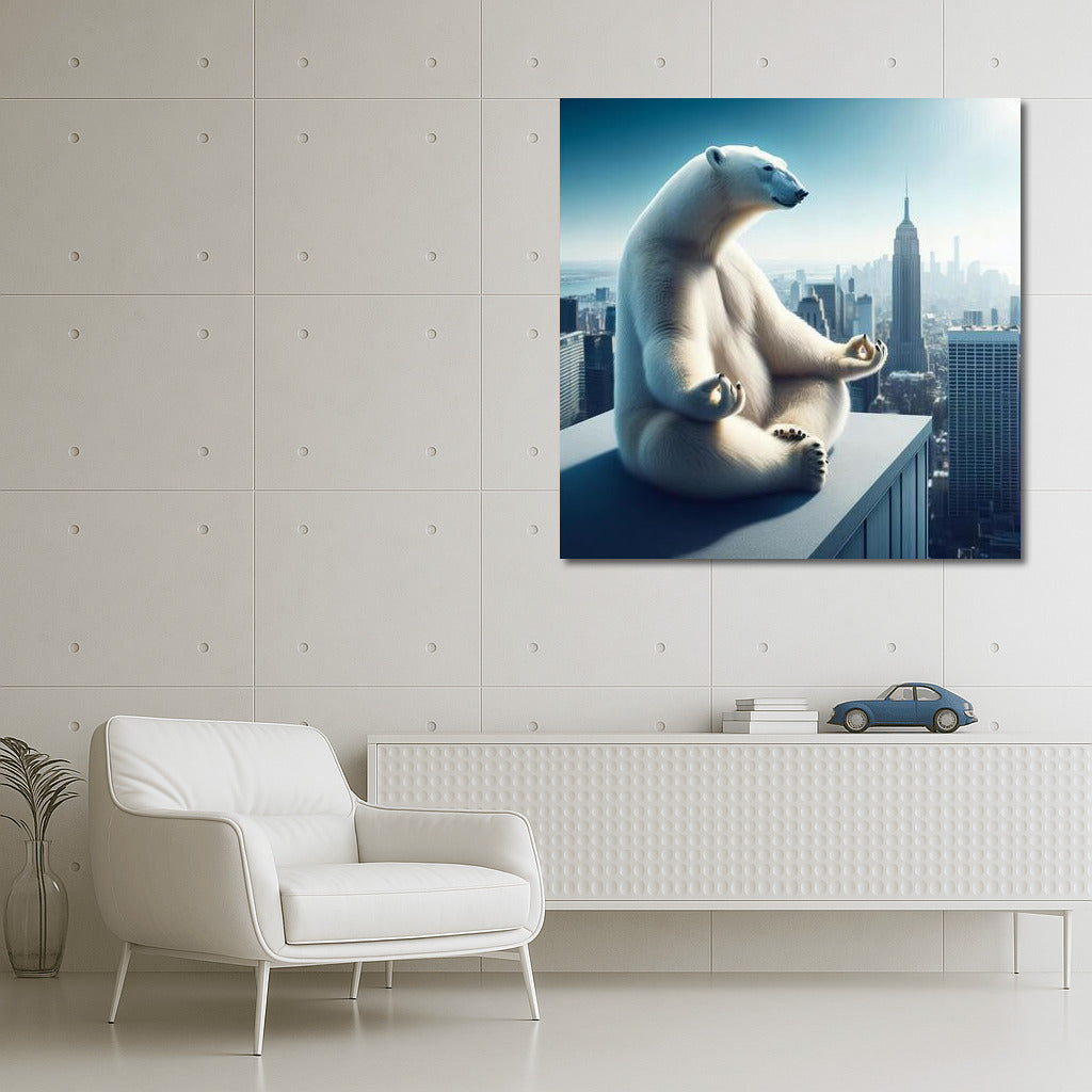 Polar Bear Doing Yoga on Skyscraper Rooftop: Calm and Inspiration