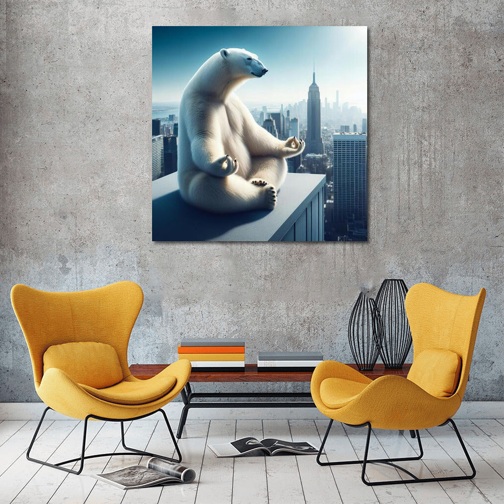 Polar Bear Doing Yoga on Skyscraper Rooftop: Calm and Inspiration