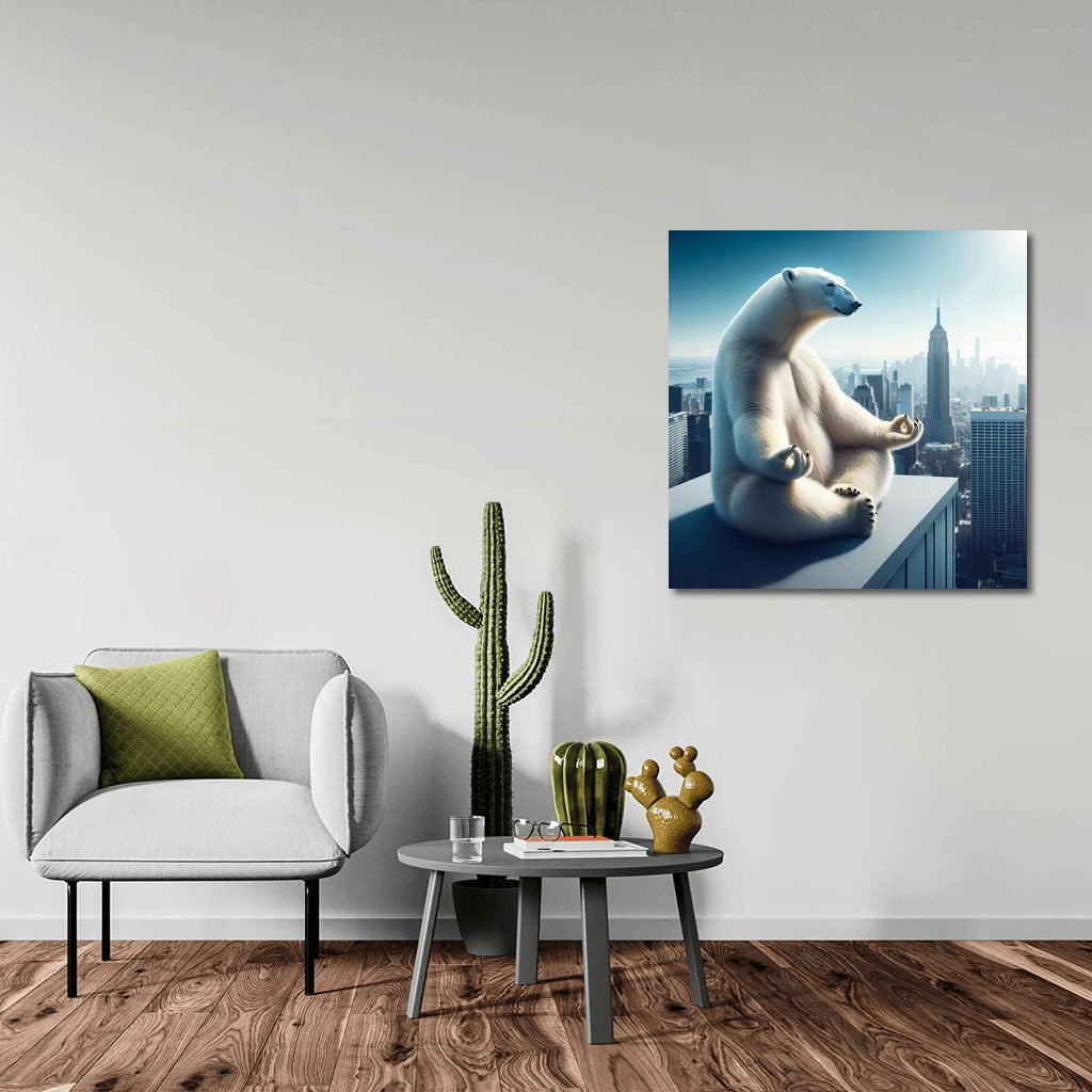 Polar Bear Doing Yoga on Skyscraper Rooftop: Calm and Inspiration