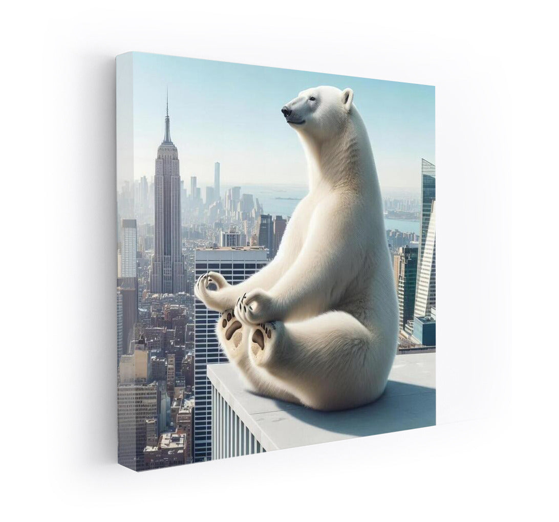 Polar Bear Doing Yoga on Skyscraper Rooftop: Tranquility in the City