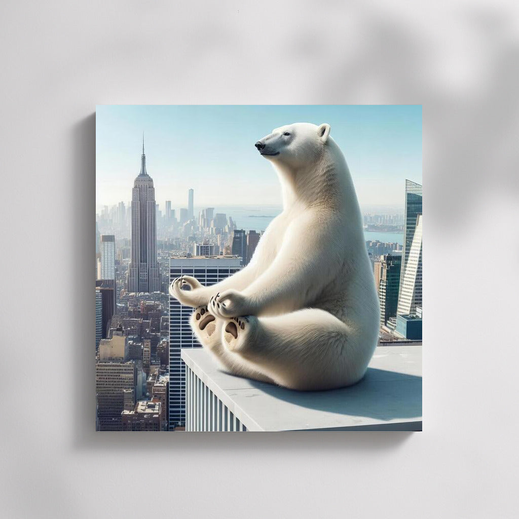 Polar Bear Doing Yoga on Skyscraper Rooftop: Tranquility in the City