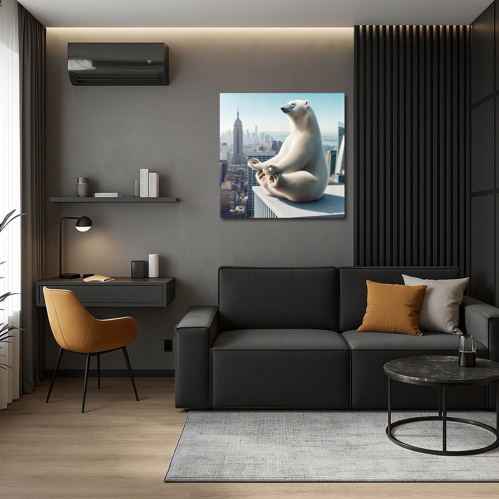 Polar Bear Doing Yoga on Skyscraper Rooftop: Tranquility in the City