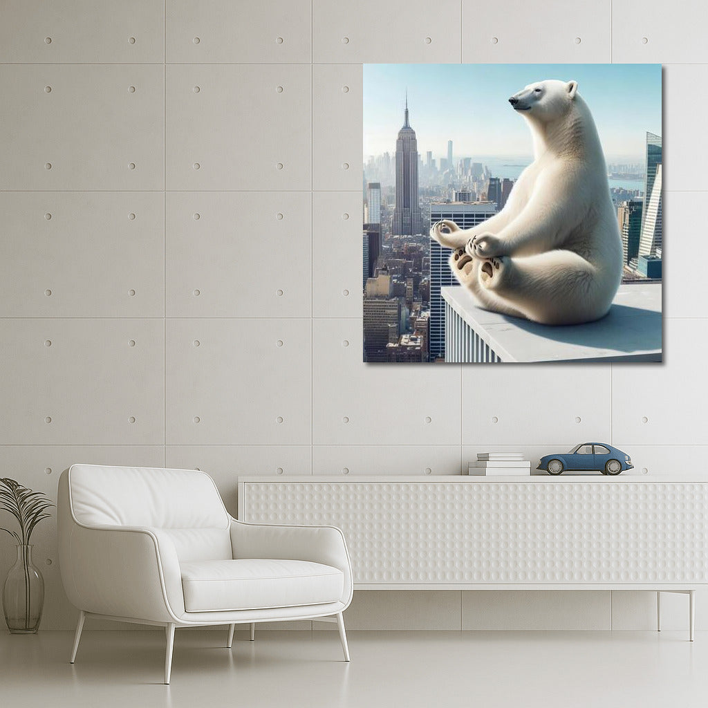 Polar Bear Doing Yoga on Skyscraper Rooftop: Tranquility in the City