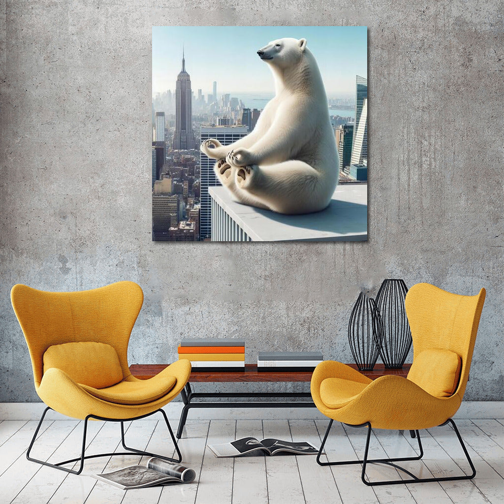 Polar Bear Doing Yoga on Skyscraper Rooftop: Tranquility in the City