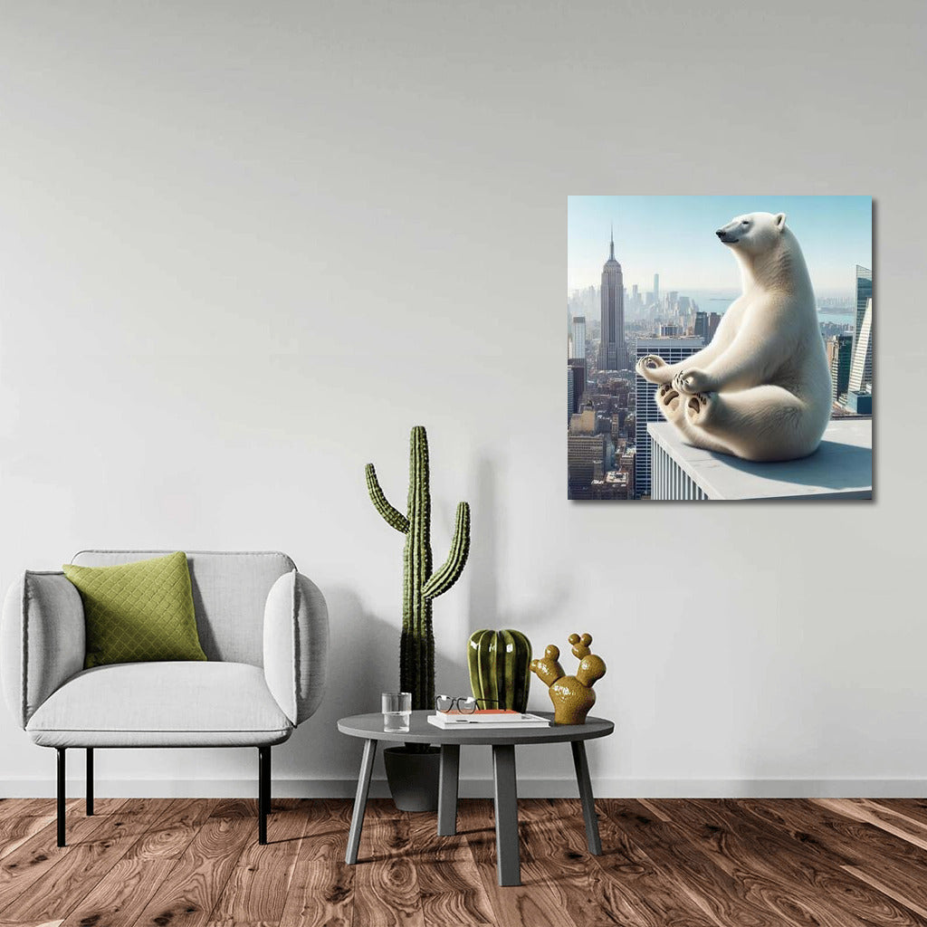 Polar Bear Doing Yoga on Skyscraper Rooftop: Tranquility in the City