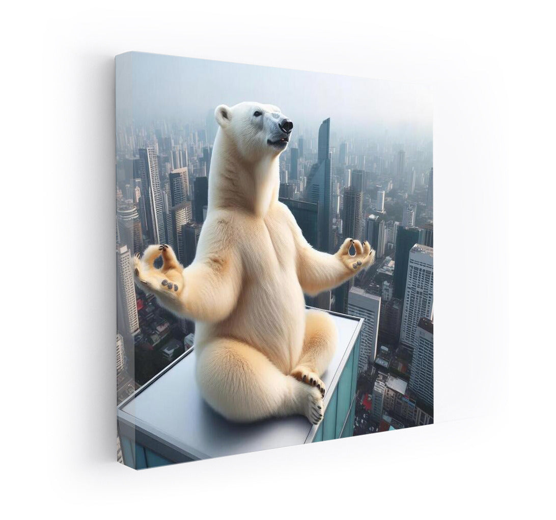 Polar Bear in Yoga on the Roof of a Skyscraper: Harmony and Smile