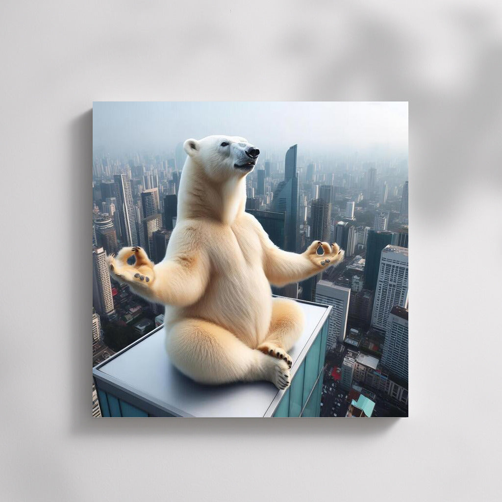 Polar Bear in Yoga on the Roof of a Skyscraper: Harmony and Smile