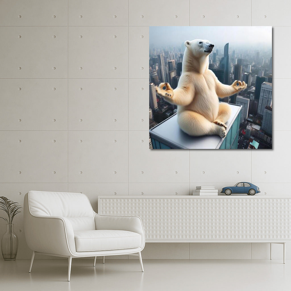 Polar Bear in Yoga on the Roof of a Skyscraper: Harmony and Smile