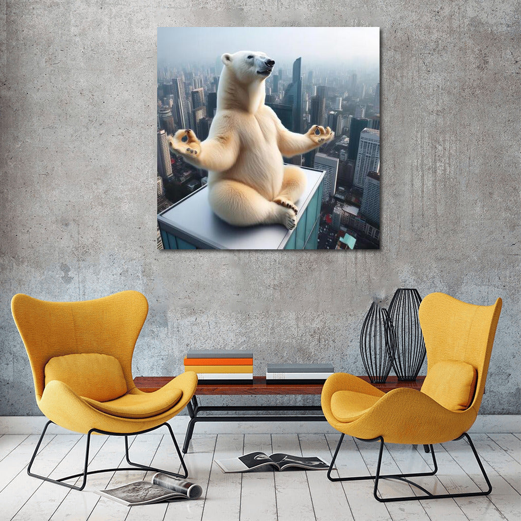 Polar Bear in Yoga on the Roof of a Skyscraper: Harmony and Smile