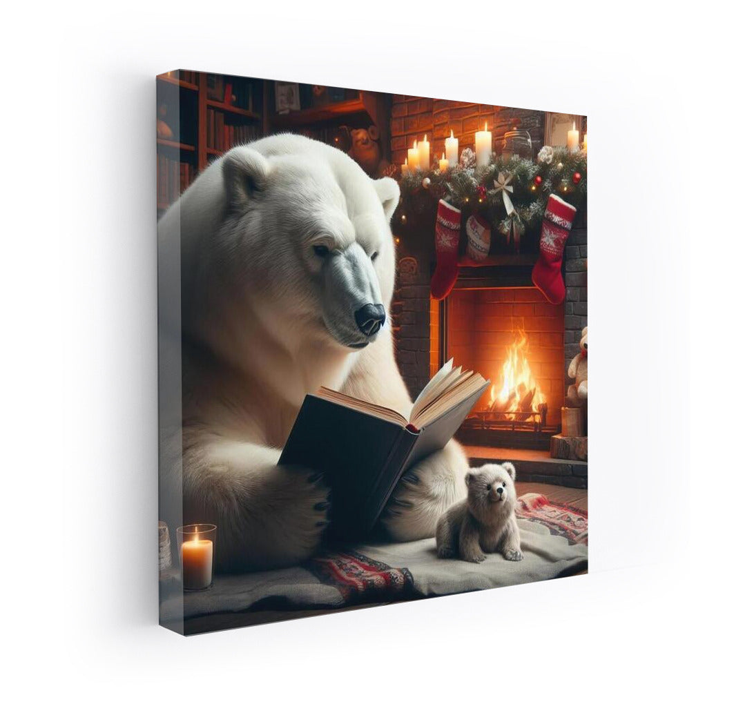 Polar Bear with a Book by the Fireplace: Winter Coziness
