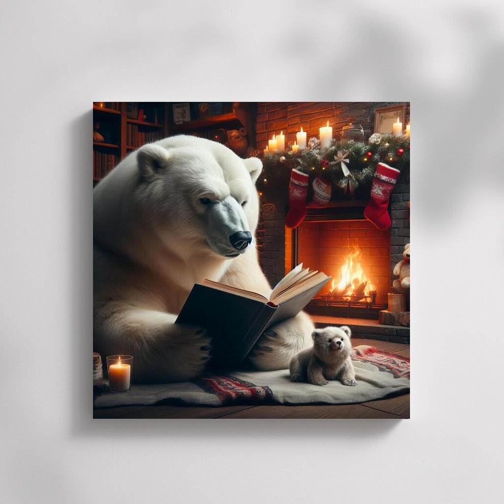 Polar Bear with a Book by the Fireplace: Winter Coziness