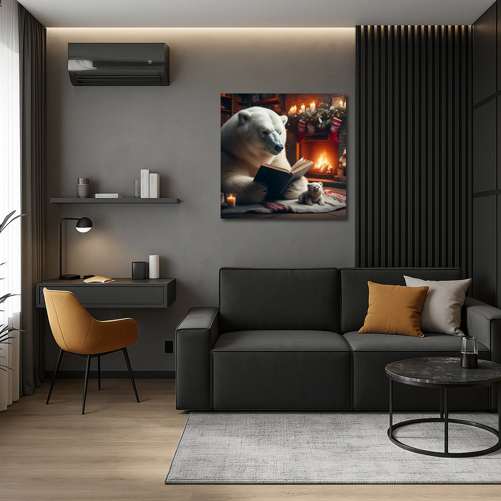 Polar Bear with a Book by the Fireplace: Winter Coziness
