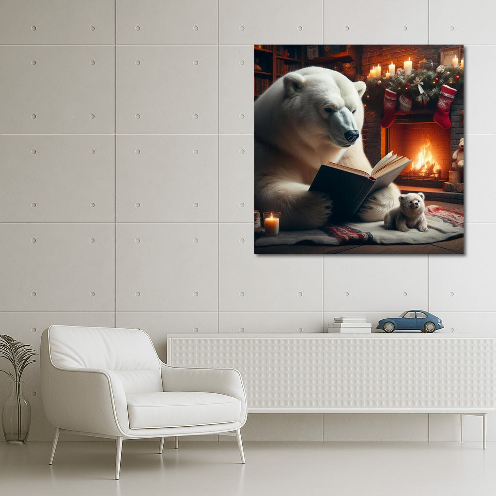 Polar Bear with a Book by the Fireplace: Winter Coziness