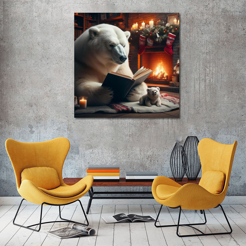 Polar Bear with a Book by the Fireplace: Winter Coziness
