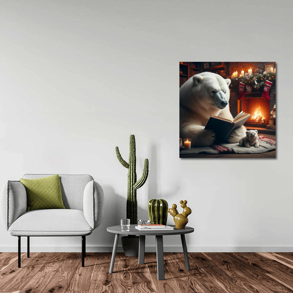 Polar Bear with a Book by the Fireplace: Winter Coziness