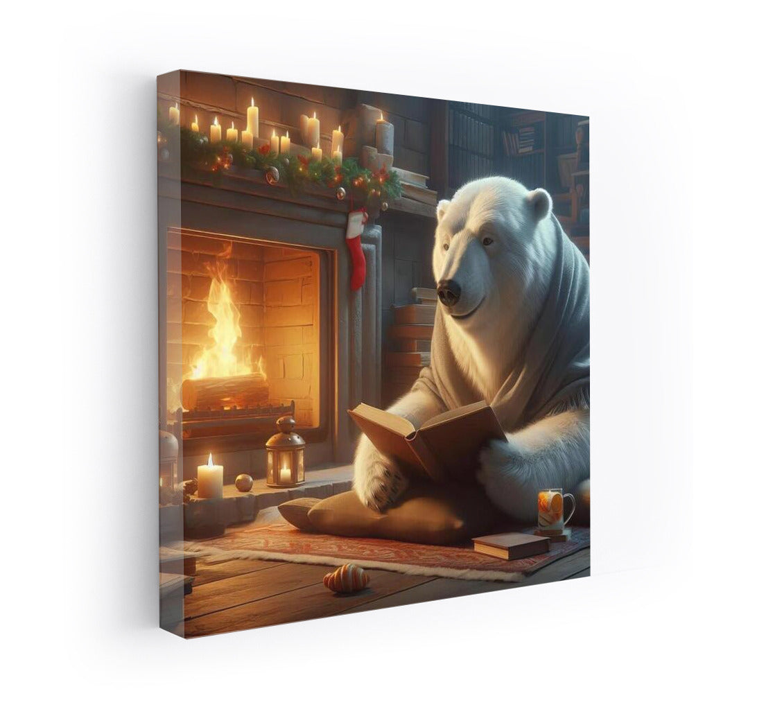 Polar Bear with a Book by the Fireplace: Comfort and Magic in the Interior