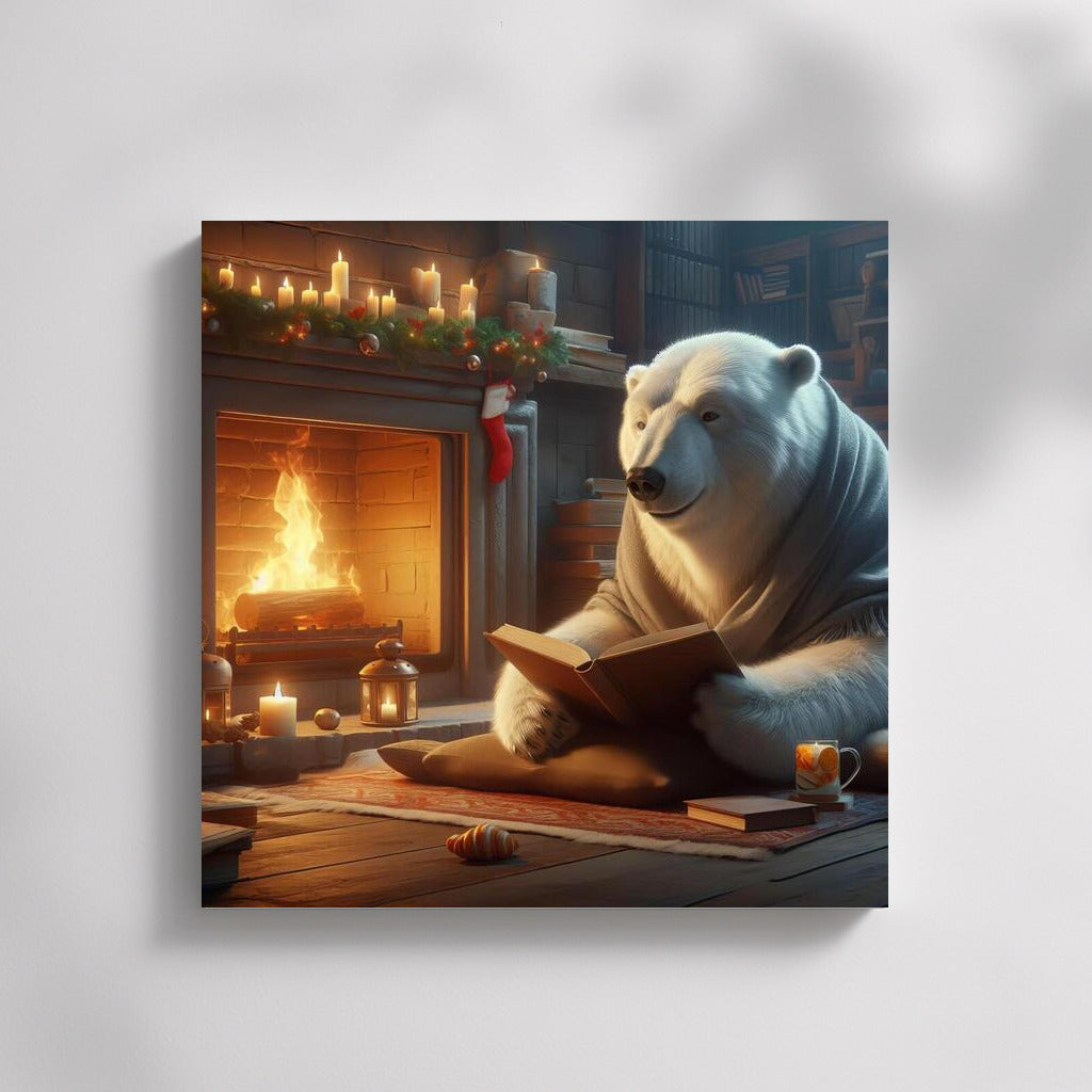 Polar Bear with a Book by the Fireplace: Comfort and Magic in the Interior