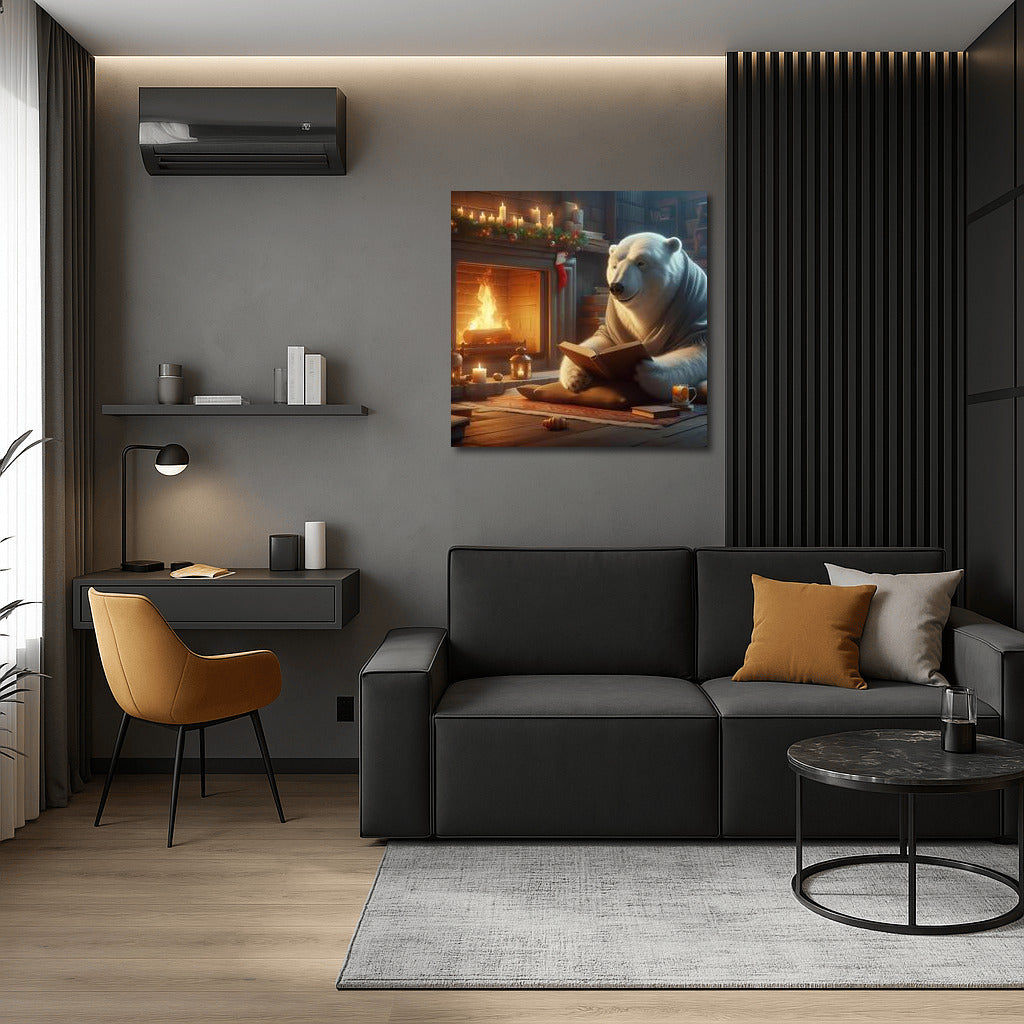 Polar Bear with a Book by the Fireplace: Comfort and Magic in the Interior