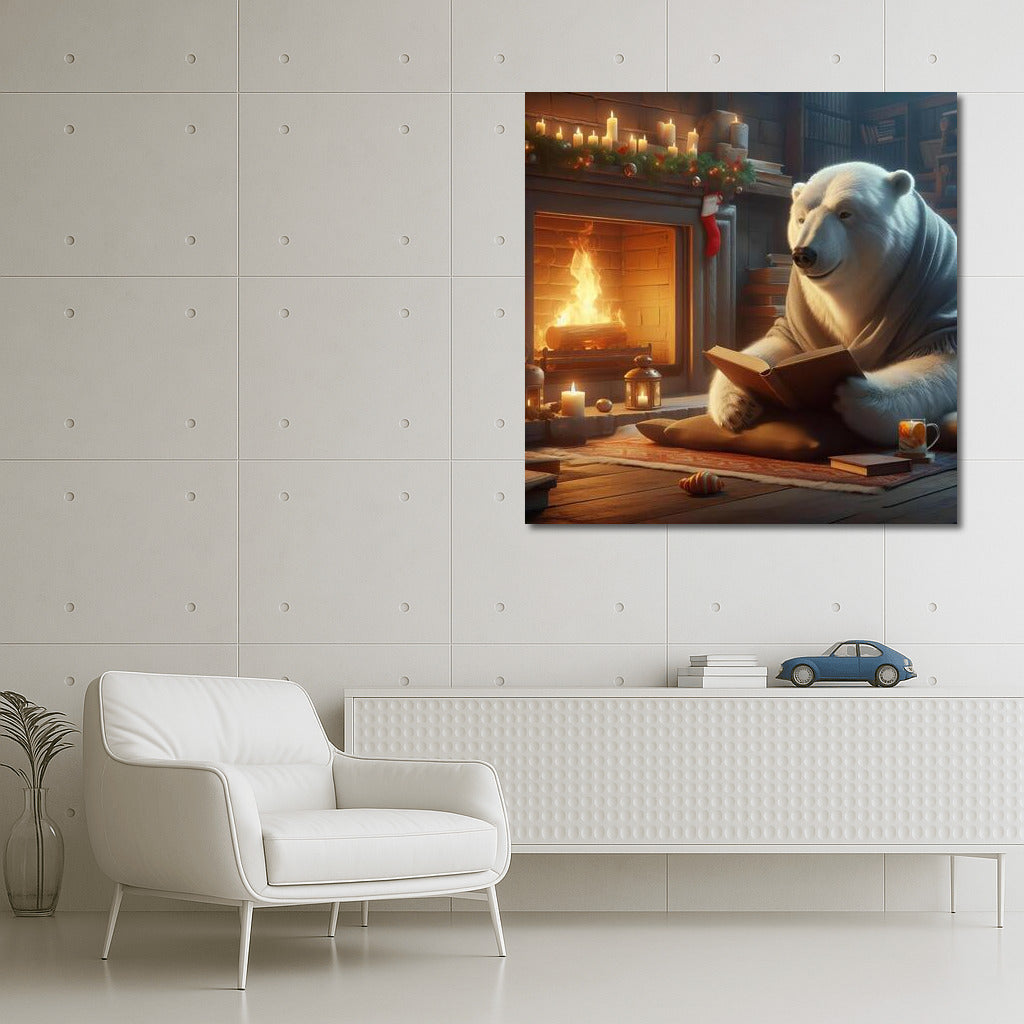 Polar Bear with a Book by the Fireplace: Comfort and Magic in the Interior