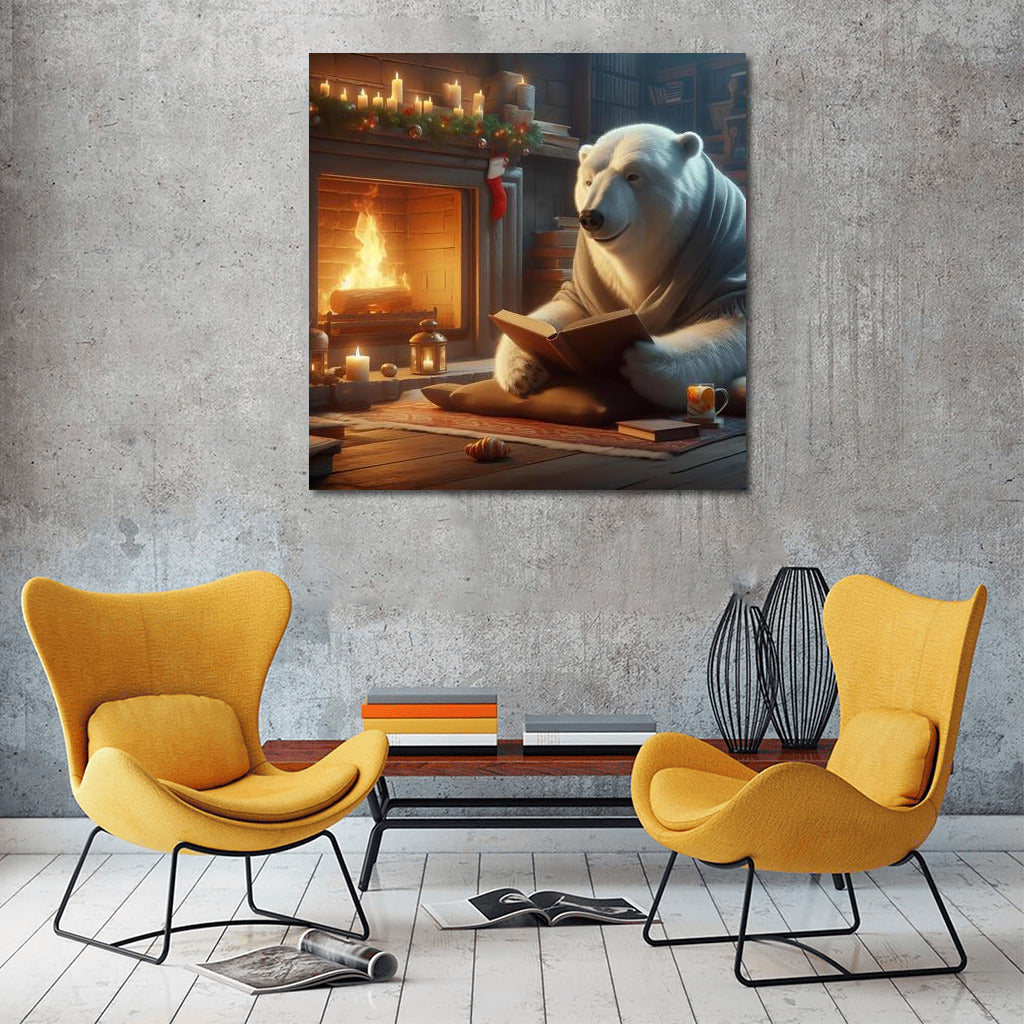 Polar Bear with a Book by the Fireplace: Comfort and Magic in the Interior