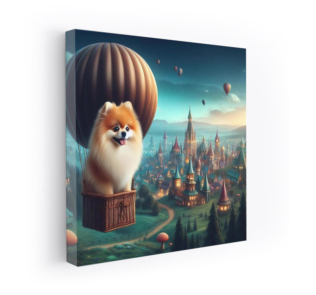 Fluffy Spitz in a Hot Air Balloon over a Fairytale City