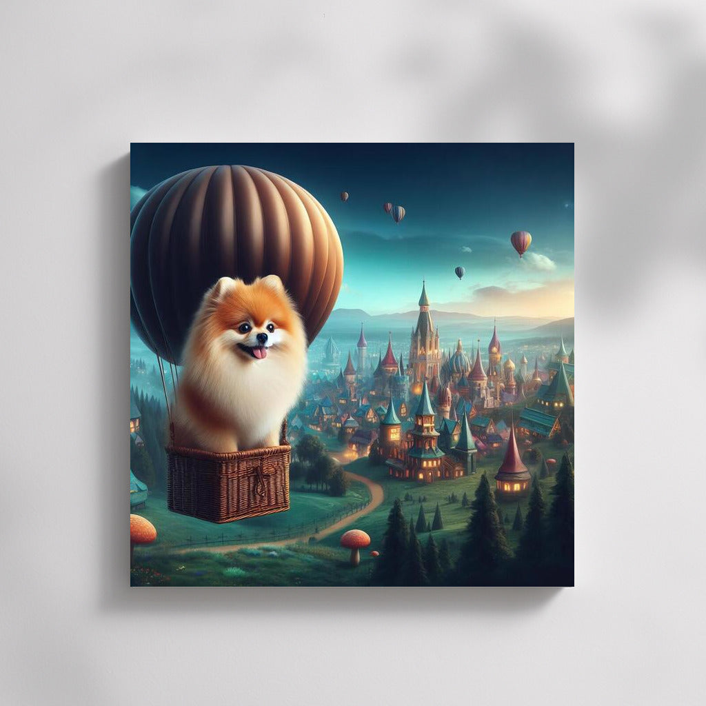 Fluffy Spitz in a Hot Air Balloon over a Fairytale City