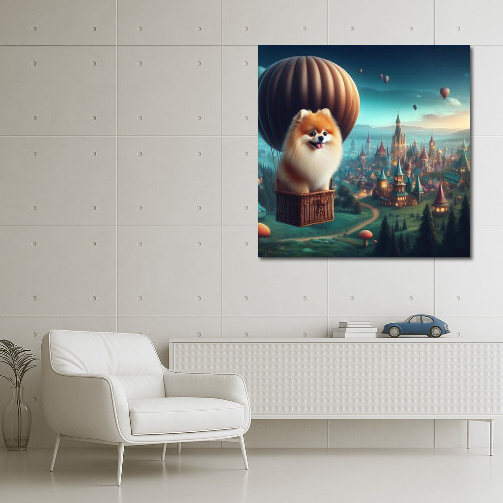 Fluffy Spitz in a Hot Air Balloon over a Fairytale City