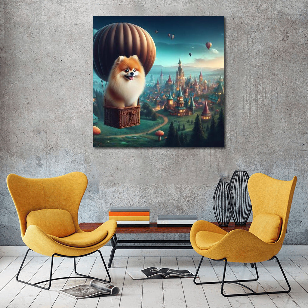 Fluffy Spitz in a Hot Air Balloon over a Fairytale City